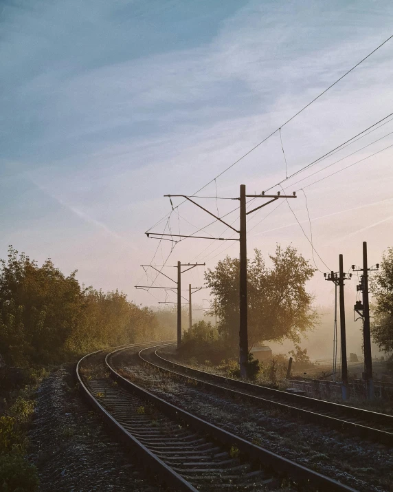 a train traveling down train tracks next to a forest, a picture, pexels contest winner, telephone wires, morning haze, instagram story, building in the distance
