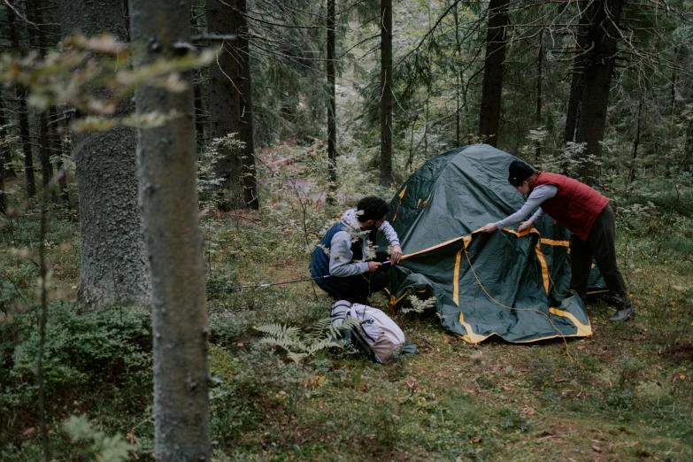 two people setting up a tent in the woods, pexels contest winner, hurufiyya, anato finnstark and kelogsloops, 2 5 6 x 2 5 6 pixels, 🚿🗝📝, in green forest