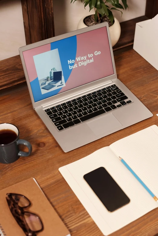 a laptop computer sitting on top of a wooden desk, a computer rendering, by Robbie Trevino, trending on unsplash, 9 9 designs, sitting on a mocha-colored table, graphic templates, no text