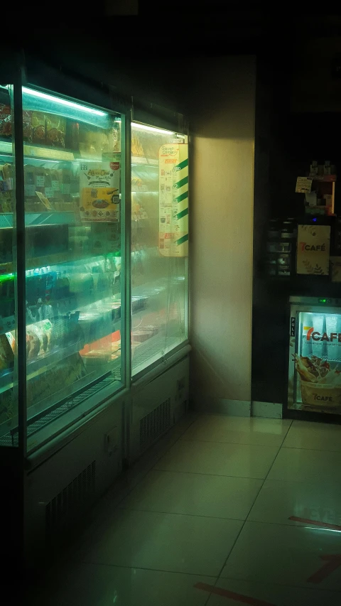 an empty grocery store is seen through the dark