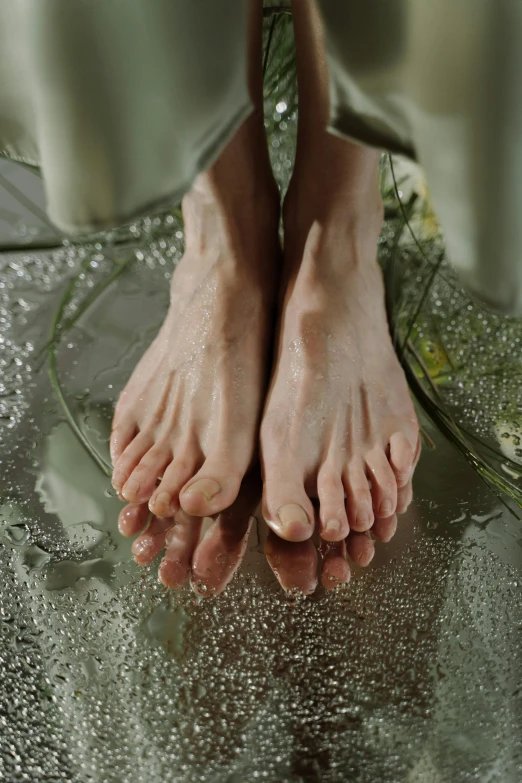 a close up of a person's feet in water, unsplash, hyperrealism, paul barson, anatomy, lush, covered