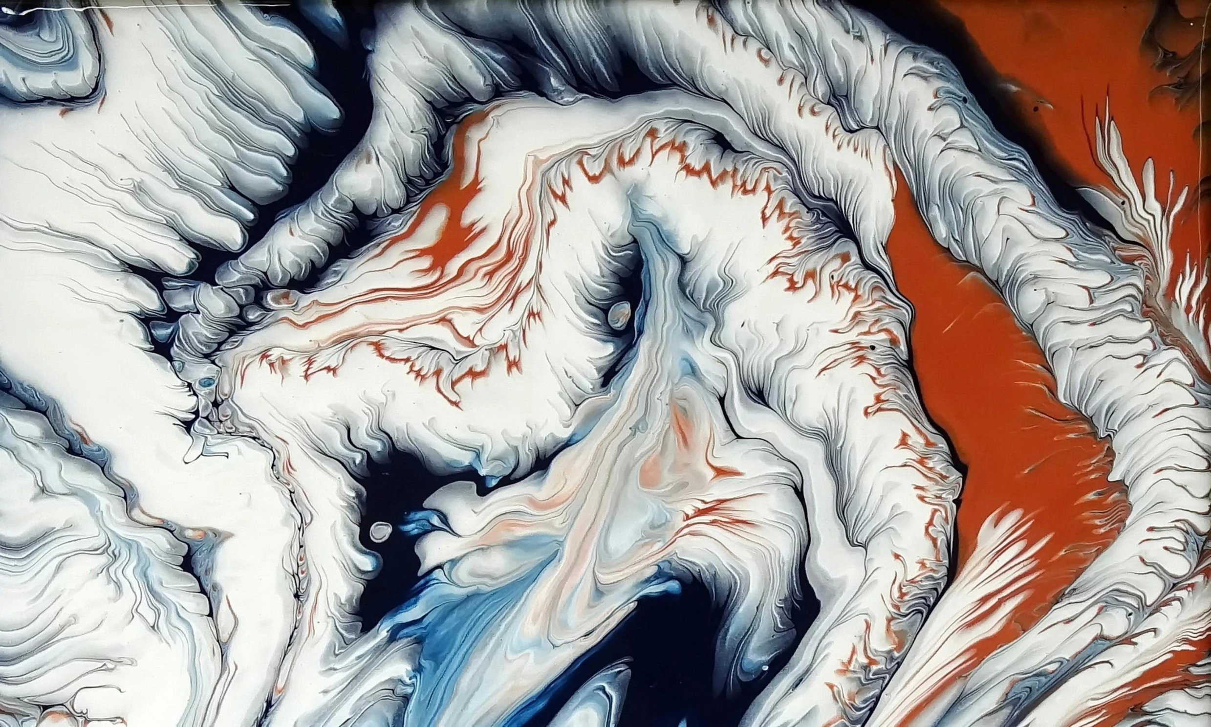 a close up of a painting on a wall, reddit, generative art, swirling liquids, white and orange, blue marble, houdini fluid simulation