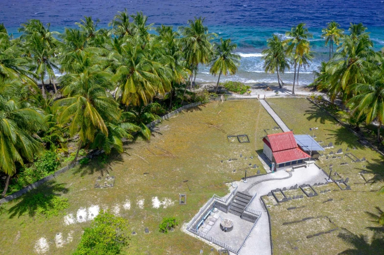 an aerial view shows the ground of a small park area