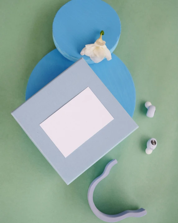a picture frame sitting on top of a green surface, an album cover, inspired by Eden Box, unsplash contest winner, white and pale blue, white ceramic shapes, blue jewellery, inside its box