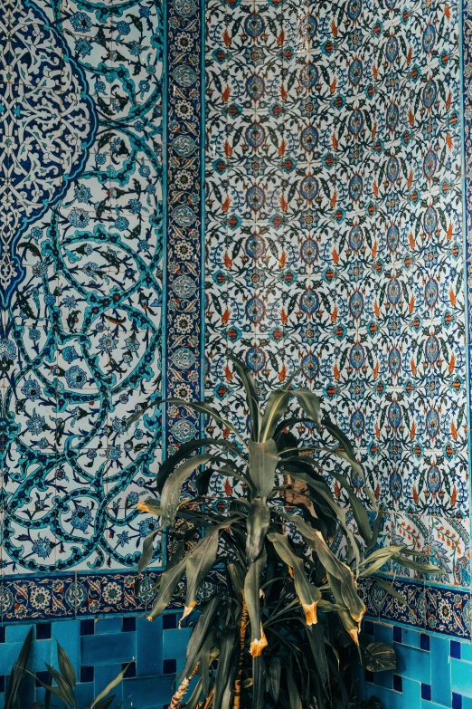 a blue tiled bathroom with a potted plant in the corner, a mosaic, inspired by Riad Beyrouti, trending on pexels, arabesque, iridiscent fabric, shot on iphone 6, walls are covered with vines, persian rug