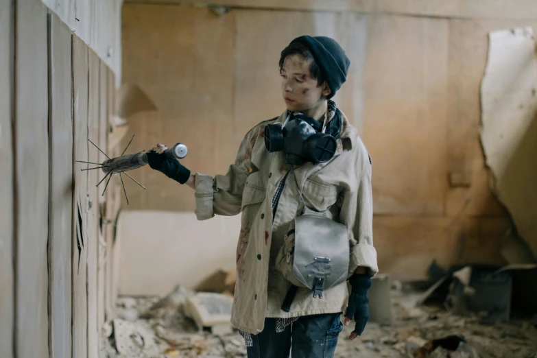 a woman that is standing in the dirt, a hyperrealistic painting, inspired by Banksy, pexels contest winner, auto-destructive art, inside a decaying hospital room, weta fx, firing it into a building, finn wolfhard