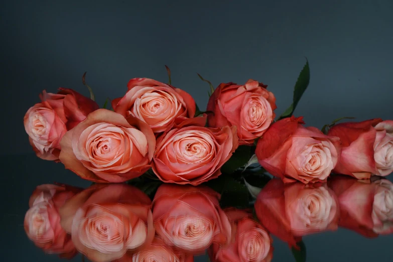 a bunch of pink roses sitting on top of a table, highly reflective surface, taken with sony alpha 9, pink orange flowers, amanda lilleston