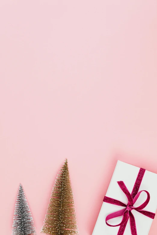 two christmas trees and a gift on a pink background, by Carey Morris, trending on pexels, straight camera view, thumbnail, background image, detail shot