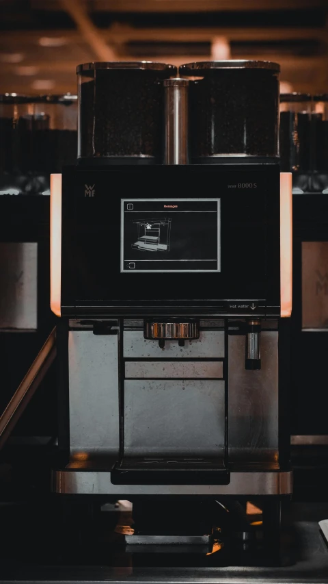 a coffee machine sitting on top of a counter, a computer rendering, by Adam Marczyński, unsplash contest winner, private press, on black paper, oven, album cover, vsco film grain