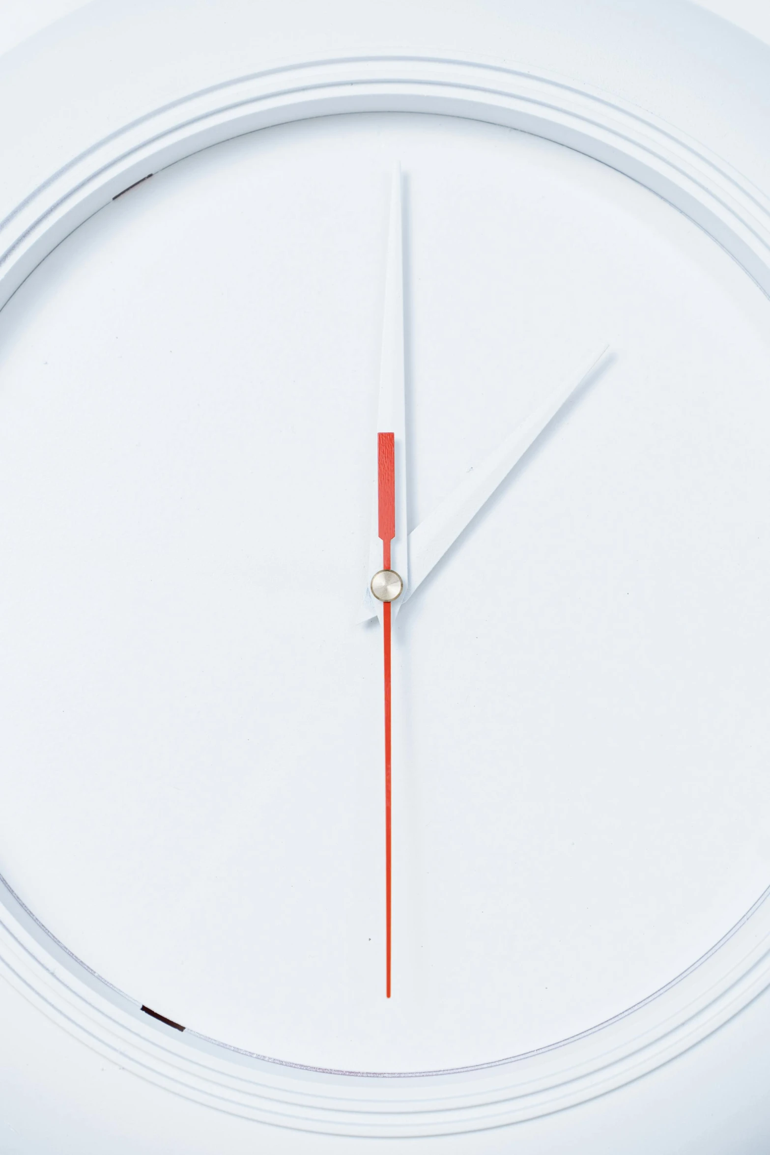 a white clock with a red second hand, by Doug Ohlson, new objectivity, detail shot, white: 0.5, low detail, white