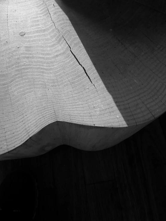 a piece of wood sitting on top of a wooden floor, by Andor Basch, curvature, black and white image, michael wellen, low detail