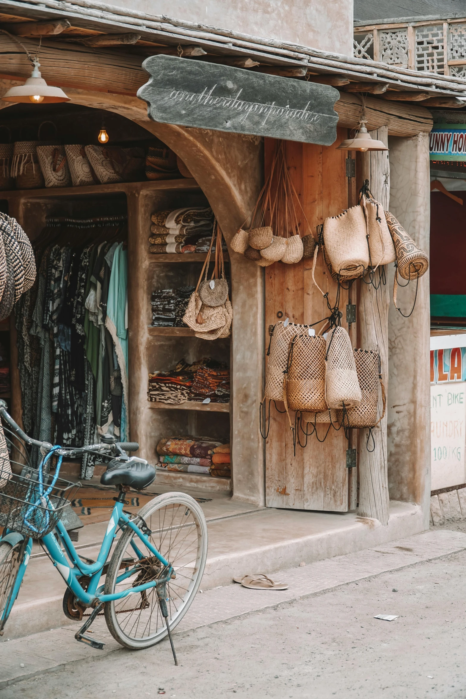 a bicycle parked outside of a shop