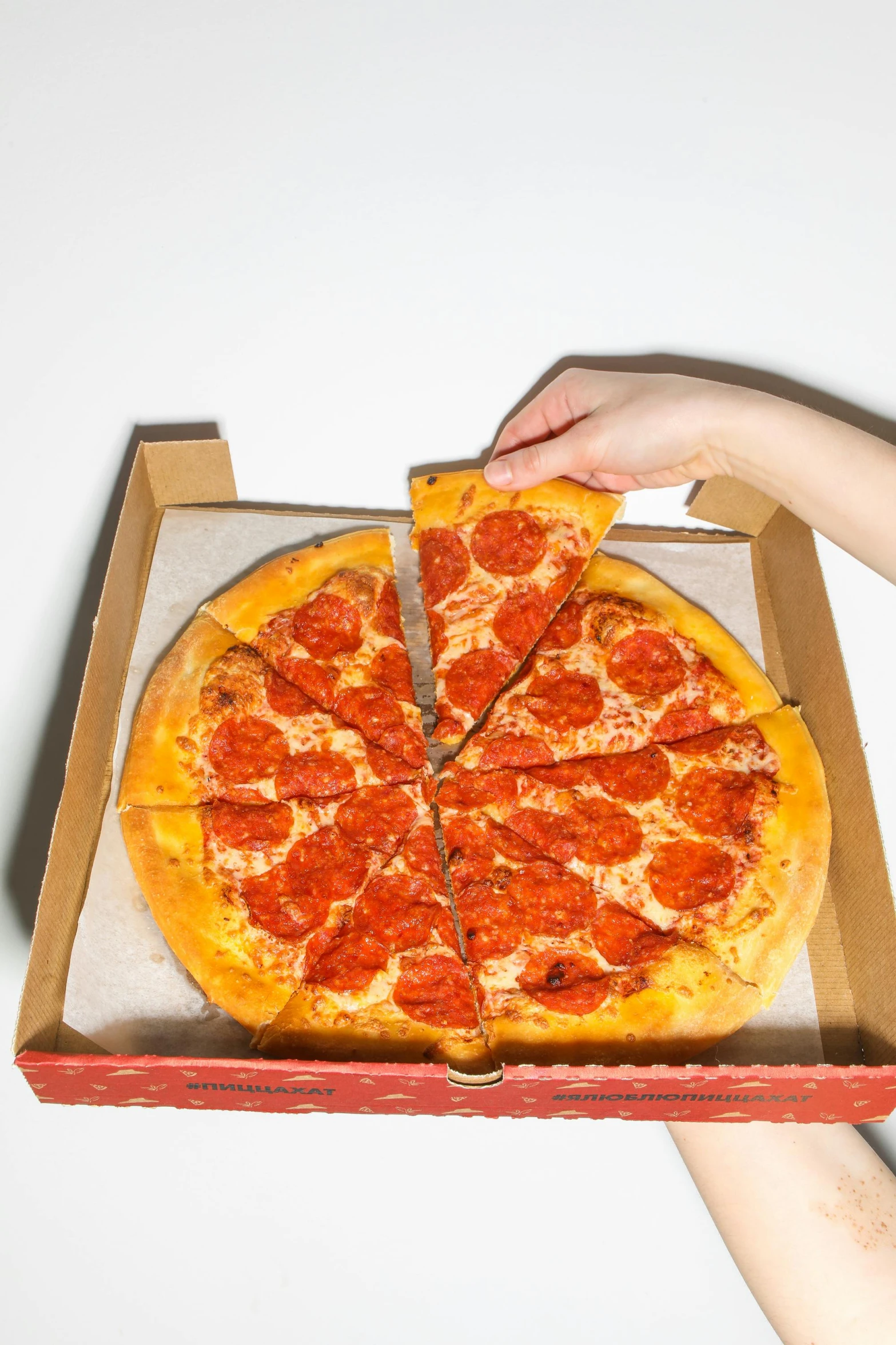 a close up of a person holding a pizza in a box, circle pit, 3/4 side view, product shot, a high angle shot