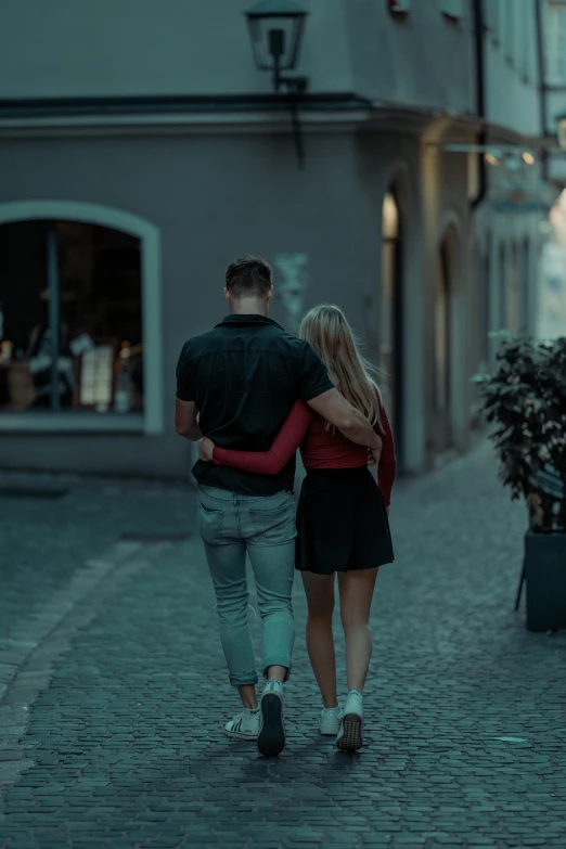 a man and a woman walking down a cobblestone street, pexels contest winner, 8 k sensual lighting, teenage girl, with his back turned, 8 k film still