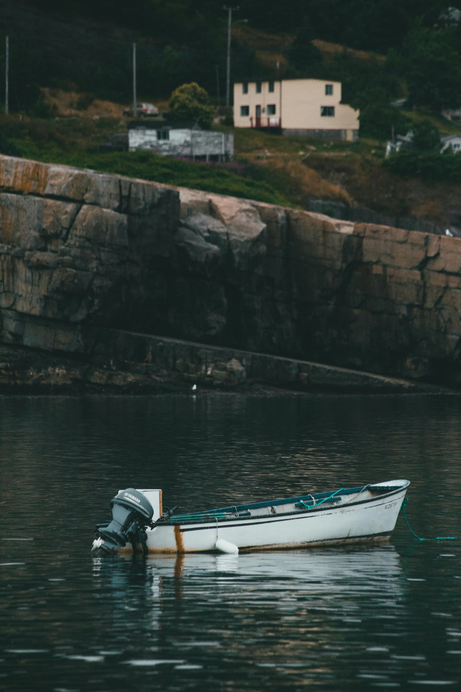 a small white boat floating on top of a body of water, a picture, by Elsa Bleda, rocky coast, neighborhood, skiff, uncropped