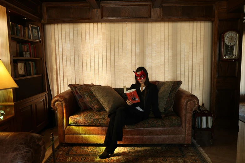 a woman sitting on a couch reading a book, inspired by Elsa Bleda, renaissance, wearing dark victorian goggles, gentleman's club lounge, masked, sitting in rural living room