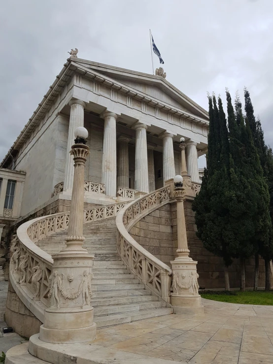 a large building with a staircase going up to it, a marble sculpture, by Alexis Grimou, 🚿🗝📝, greeks, grand library, built into trees and stone