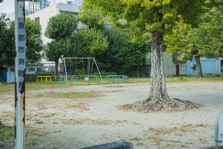 an empty playground in the middle of a park, by Katsukawa Shun'ei, 2022 photograph, school courtyard, distant photo, 🚿🗝📝