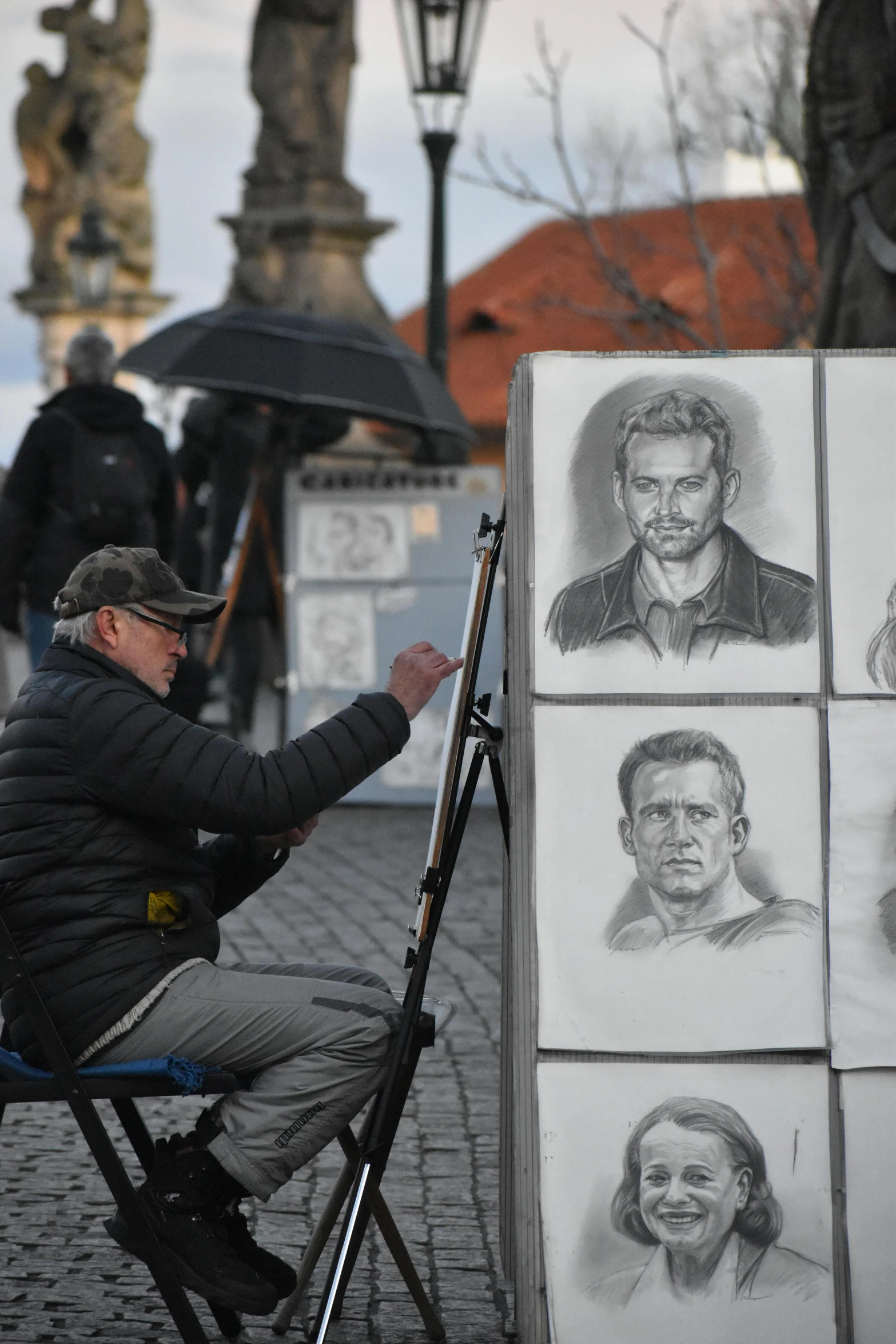 a man sitting on a chair in front of a drawing board, by karolis strautniekas, pexels contest winner, realistic faces, prague, public art, michael garmash and rob rey