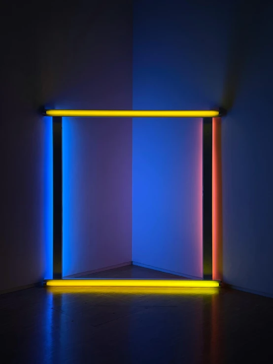 a neon frame in a dark room, inspired by Richard Anuszkiewicz, red yellow blue, 2 5 6 x 2 5 6 pixels, ignant, museum lighting