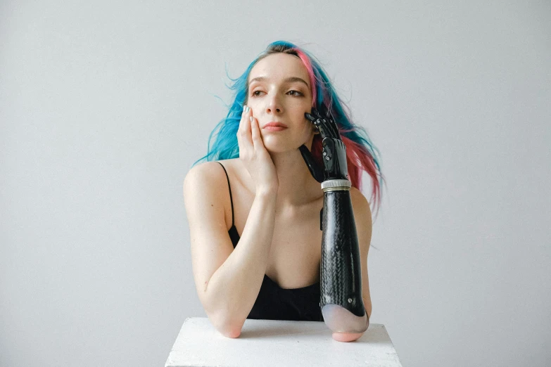 a woman with blue hair holding a blow dryer, trending on pexels, hyperrealism, robotic prosthetic arm, painted marble sculptures, posing with crossed arms, singularity sculpted �ー etsy