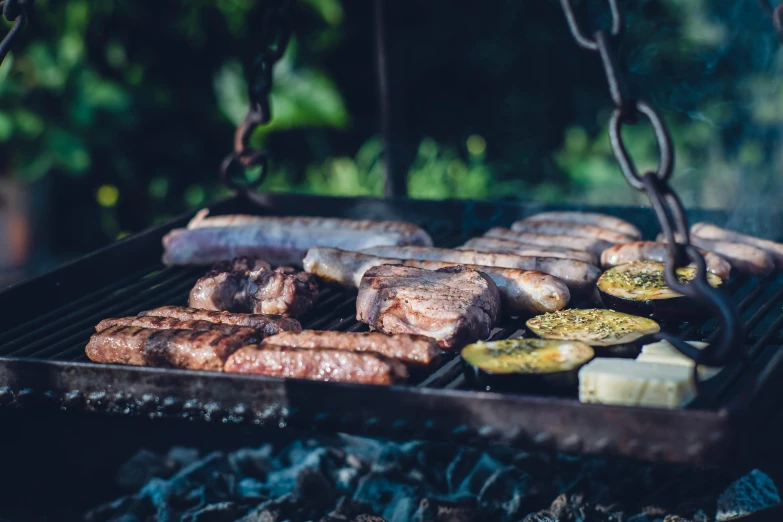 sausages and hot dogs cooking on a grill, by Niko Henrichon, pexels contest winner, renaissance, steak, background image, camp, full body close-up shot