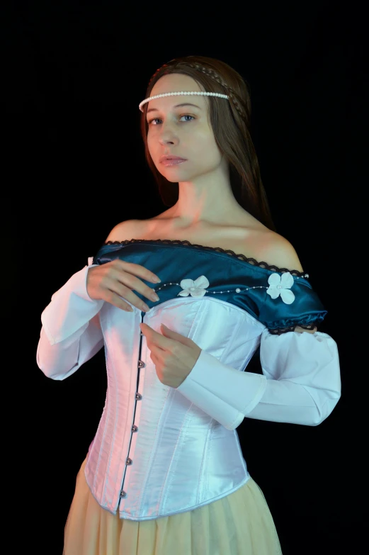 a woman in a dress is posing for a picture, an album cover, inspired by Limbourg brothers, cgsociety, renaissance, modeled in 3 d, corset, low quality photo, white sleeves