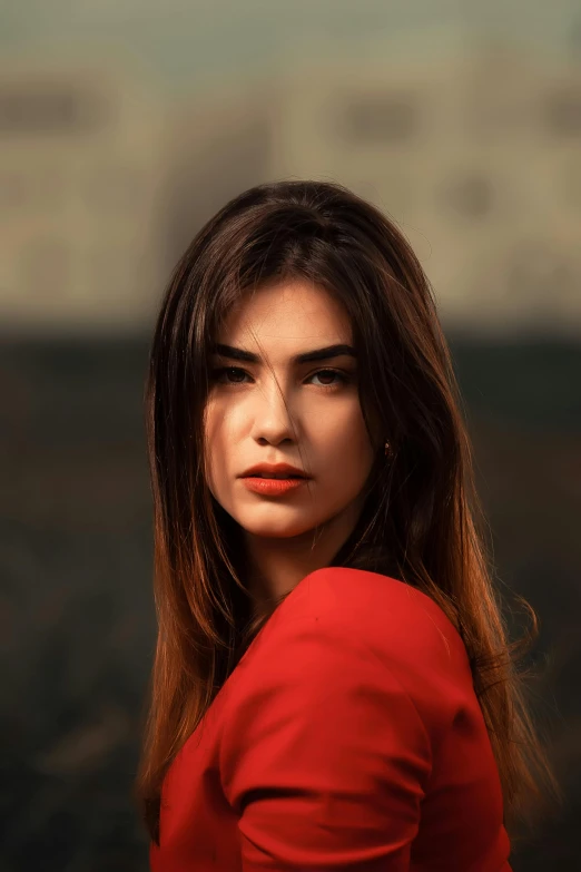 a woman in a red dress posing for a picture, inspired by Elsa Bleda, trending on pexels, headshot half figure, fashion shoot 8k, dua lipa, handsome girl