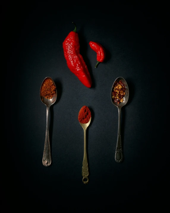 a group of spoons sitting on top of a table, by Adam Marczyński, pexels contest winner, hyperrealism, paprika, spicy, ignant, product introduction photo