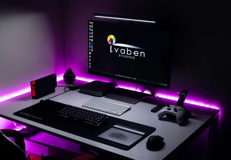 a white desk topped with a computer monitor and keyboard, inspired by Ladrönn, uv blacklight, dark vignette, lumen, rgb