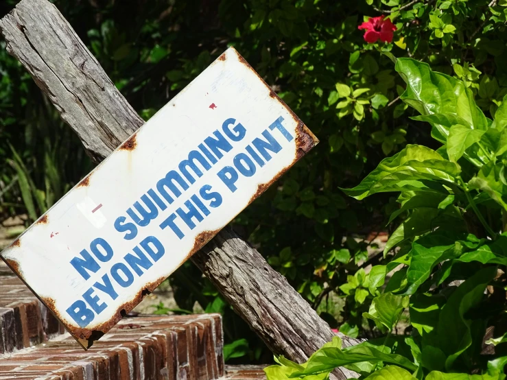 a rusted wooden sign saying no swimming beyond this point