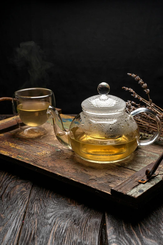 a tea pot sitting on top of a wooden tray, a still life, by Ma Yuan, trending on pexels, renaissance, fine lace, square, 9, two