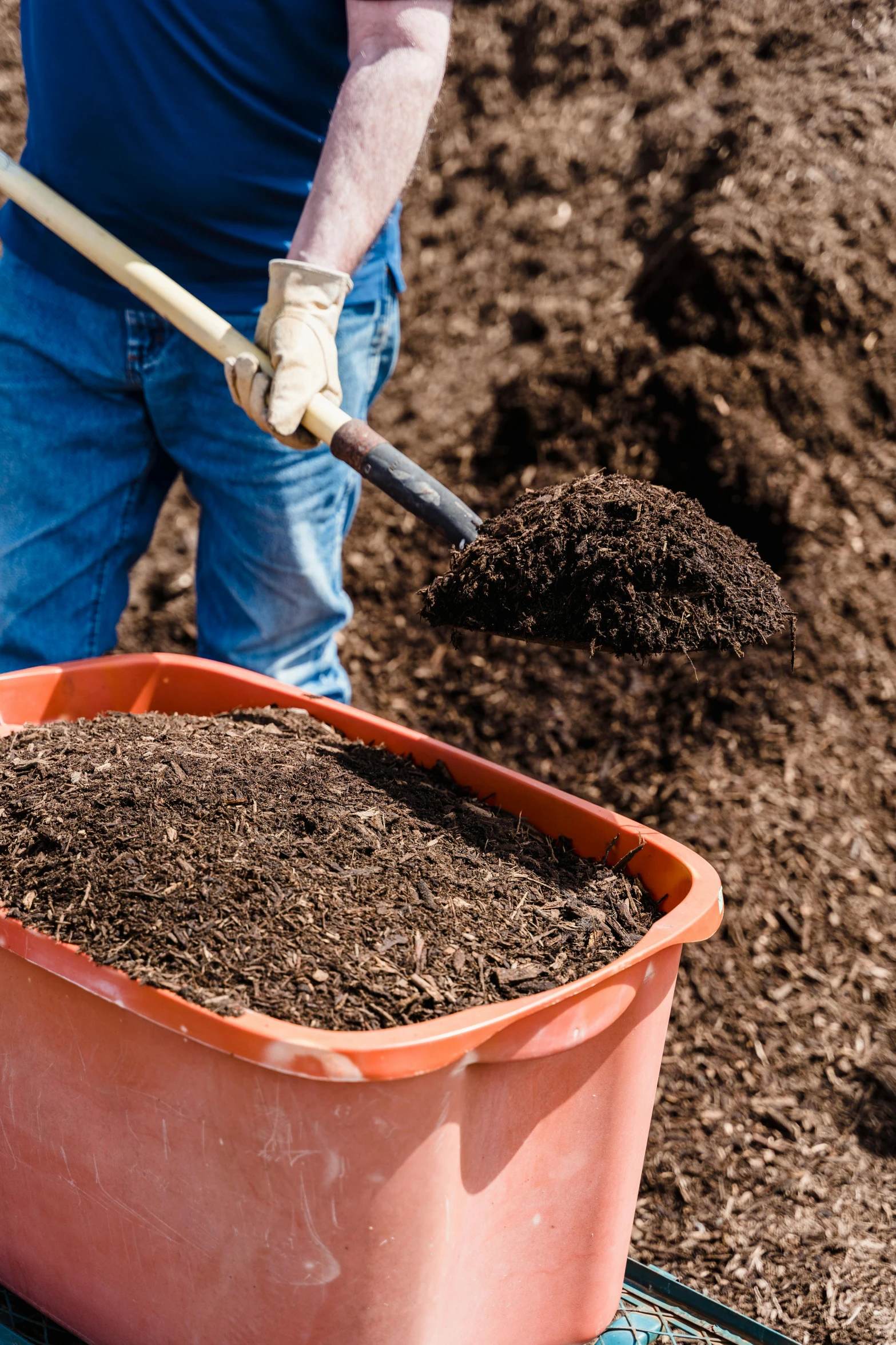 a person shoveling dirt out into a bucket