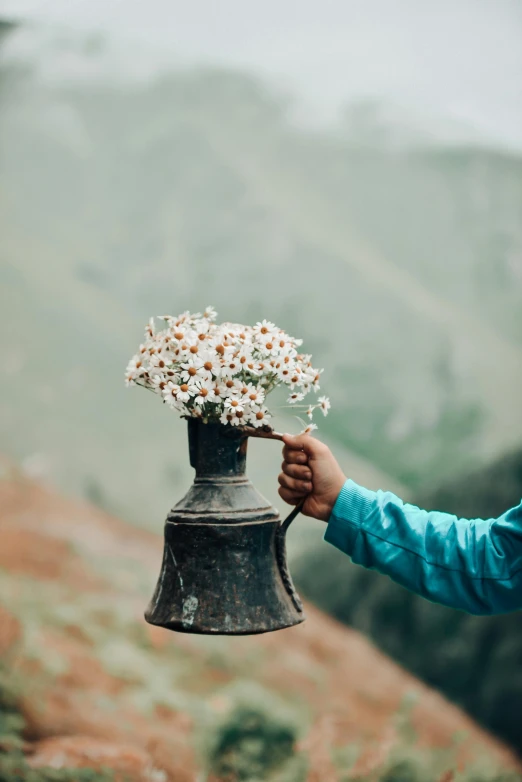 a person holding a bell with flowers in it, by irakli nadar, trending on unsplash, holding a bottle of arak, mountainside, showpiece, kettle