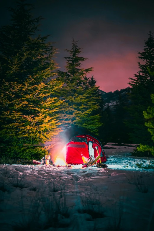 a red tent sitting on top of a snow covered field, in the forest at night, talking around a fire, glow lights, icy lake setting