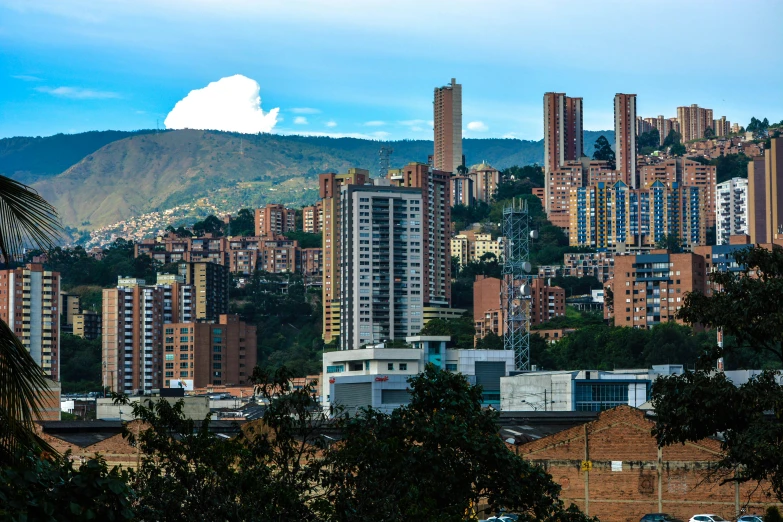 a city skyline with tall buildings surrounded by trees