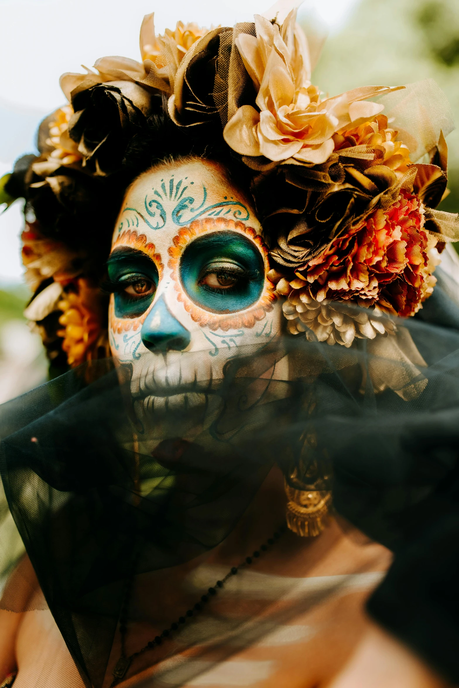 a close up of a person wearing a mask, an album cover, pexels contest winner, lowbrow, dia de los muertos makeup, conde nast traveler photo, pirate woman, seasonal