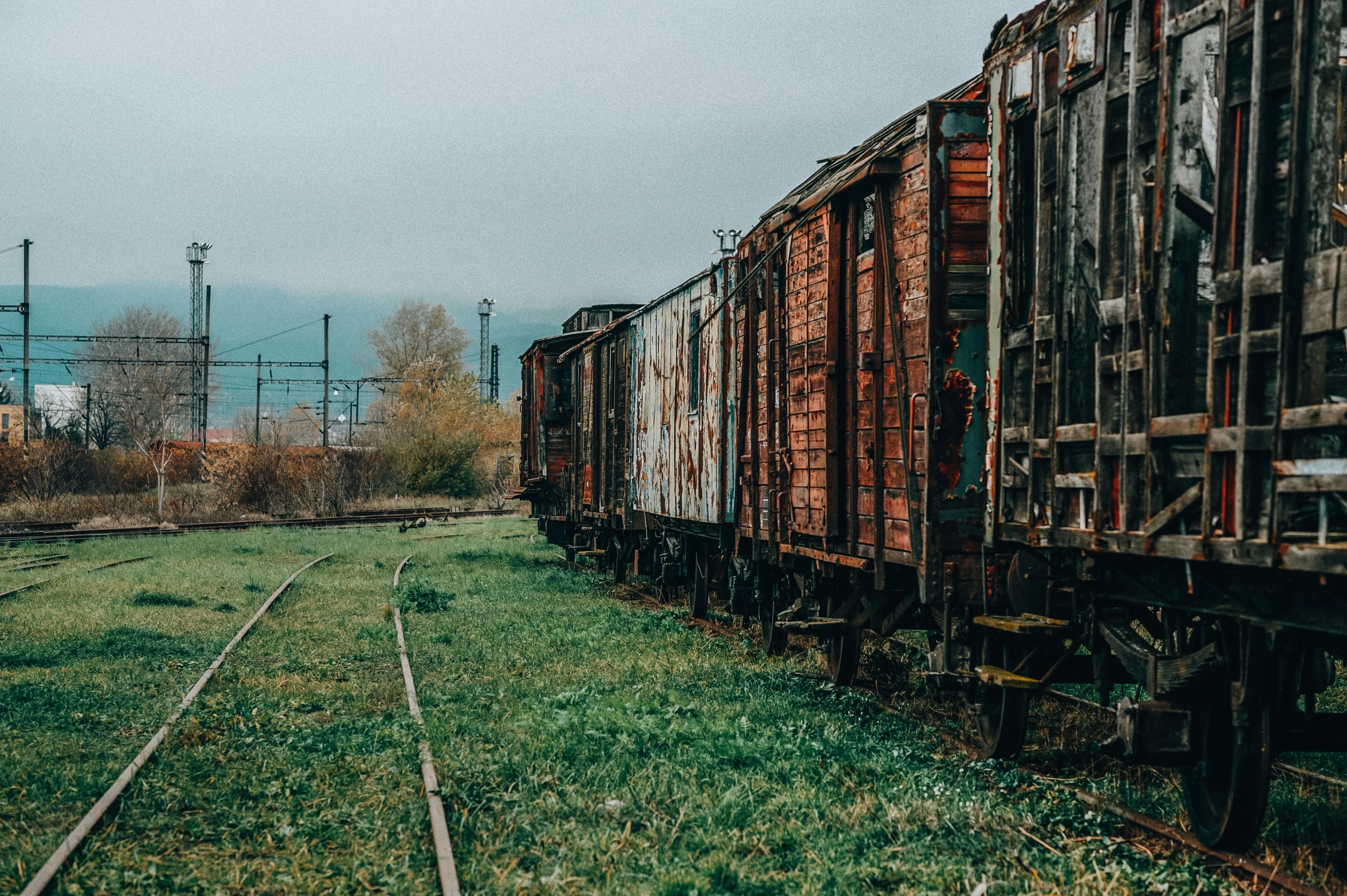 a train traveling down train tracks next to a lush green field, by Kristian Zahrtmann, pexels contest winner, graffiti, rusty vehicles, profile image, spooky photo, soviet yard