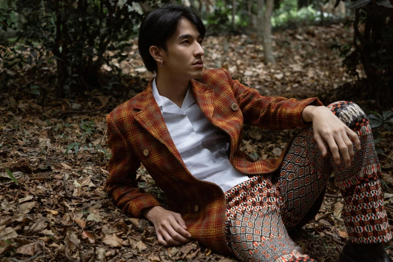 a man sitting on the ground in the woods, an album cover, inspired by Lubin Baugin, sumatraism, wearing fashion suit, patterned, ross tan, official photo