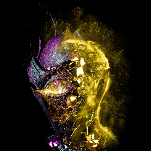 a close up of a person wearing a mask, an album cover, inspired by tomasz alen kopera, purple and yellow lighting, xparticles, spider - gwen, digital sculpture