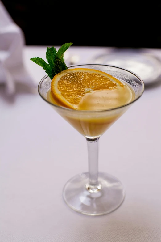 a close up of a drink in a glass on a table, inspired by Ndoc Martini, renaissance, flan, mint, orange slices, shaped like a yacht