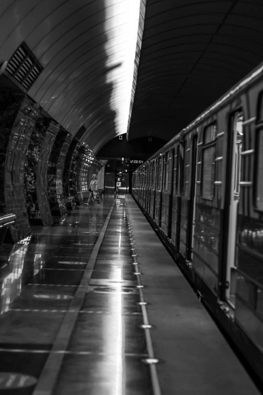 a black and white photo of a subway train, a black and white photo, unsplash contest winner, expressionism, red square moscow, evening time, photos, square lines