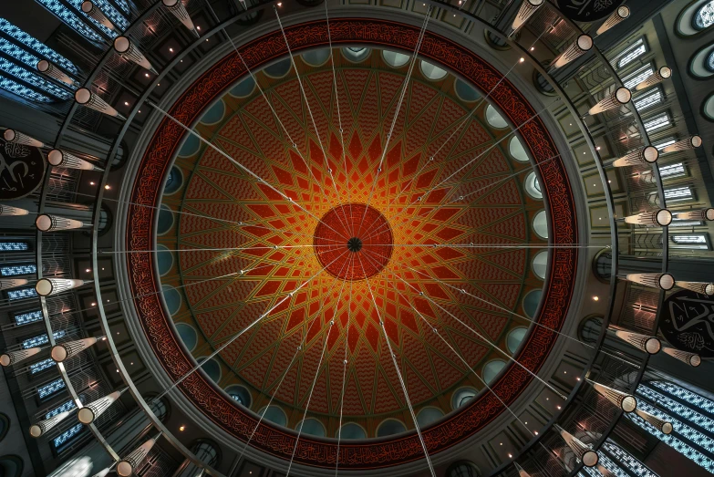 the ceiling of a building with stained glass windows, a mosaic, by Jan Rustem, pixabay contest winner, hurufiyya, orange halo, dome, star inside, photographic isometric cathedral