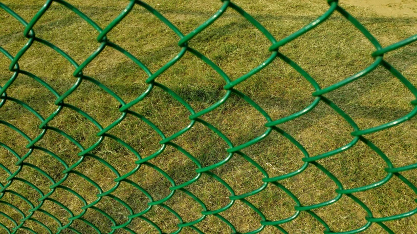 a close up of a green chain link fence, by Mirko Rački, pixabay, square, lawns, wikimedia commons, from the distance