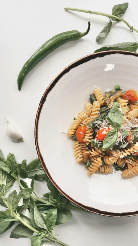 a white bowl filled with pasta and vegetables, by Carey Morris, pexels, dwell, instagram photo, basil gogos, a small