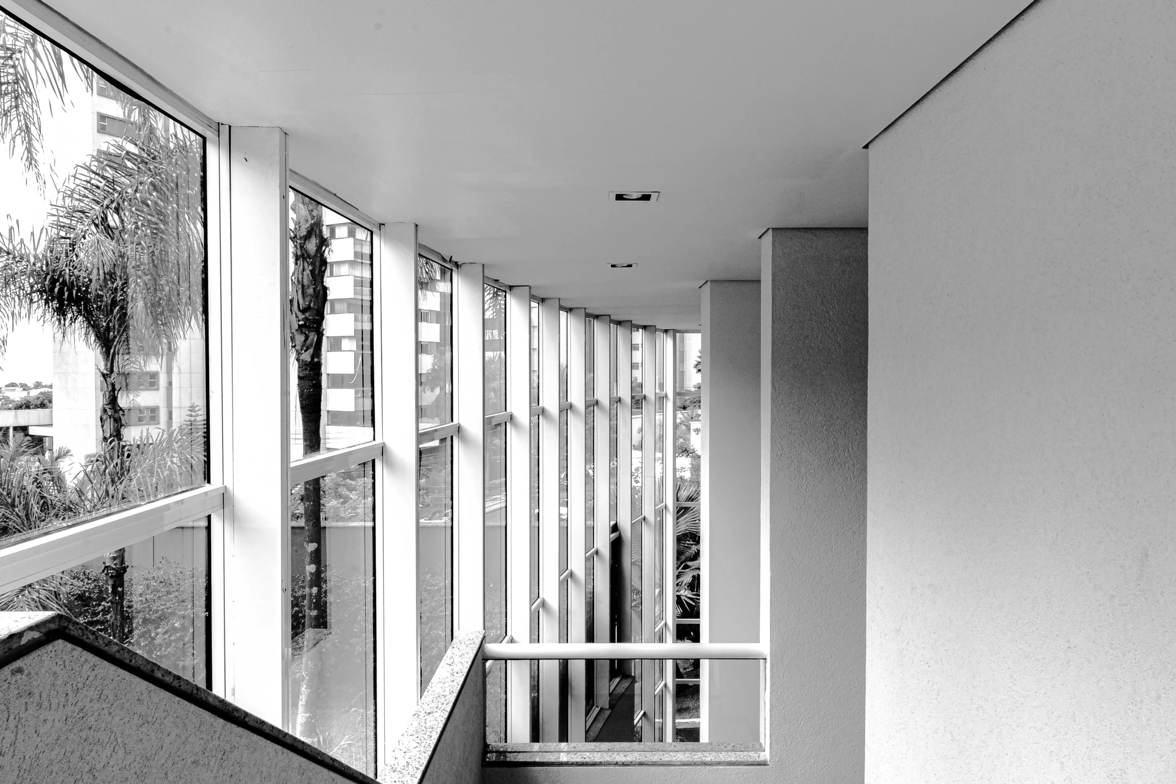 a man riding a skateboard down a flight of stairs, a black and white photo, inspired by Ned M. Seidler, unsplash, light and space, 70s interior with arched windows, in sao paulo, interior of a small, wim crouwel