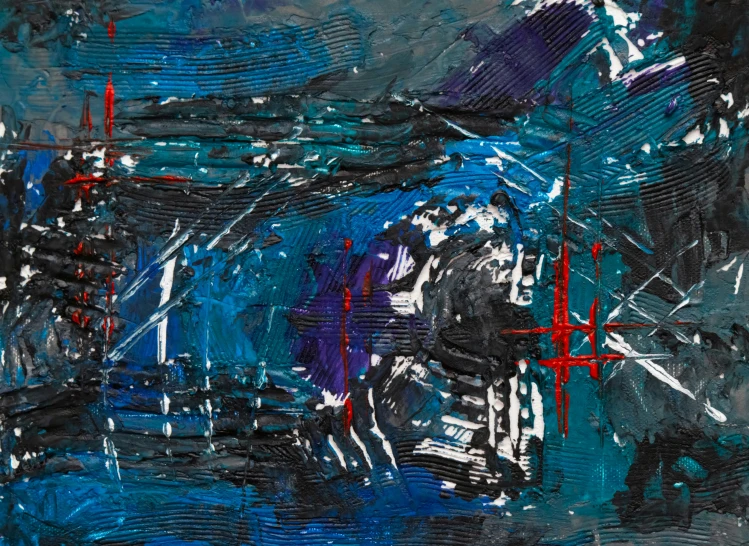 an abstract painting with black and blue colors, inspired by Jean-Paul Riopelle, pexels contest winner, blue and red lights, blue submarine no. 6, torment and waves, rich in texture )