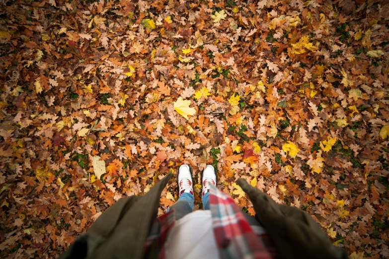 a person standing in front of a pile of leaves, by Julia Pishtar, pexels contest winner, legs taking your pov, 15081959 21121991 01012000 4k, warm color clothes, wide high angle view