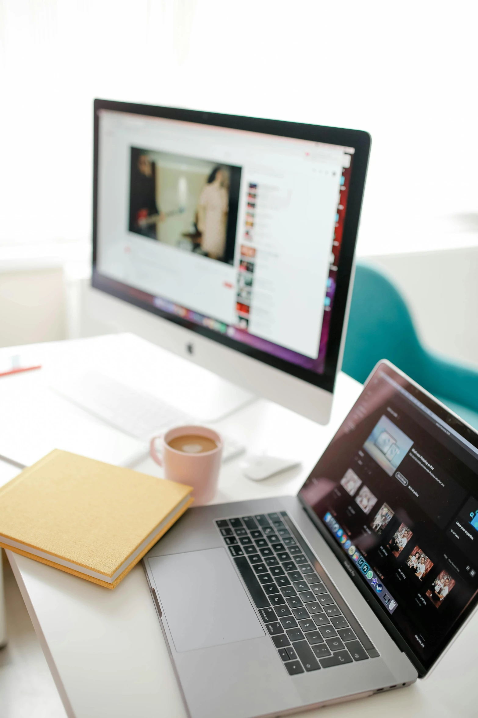 a laptop computer sitting on top of a white desk, a picture, by Dan Content, trending on pexels, thumbnail, digital oth, 9 9 designs, busy