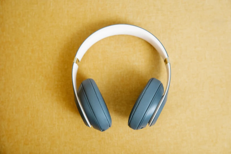 a pair of headphones sitting on top of a table, by Gavin Hamilton, pixabay, minimalism, wearing a headband, grey ears, flat lay, two - tone